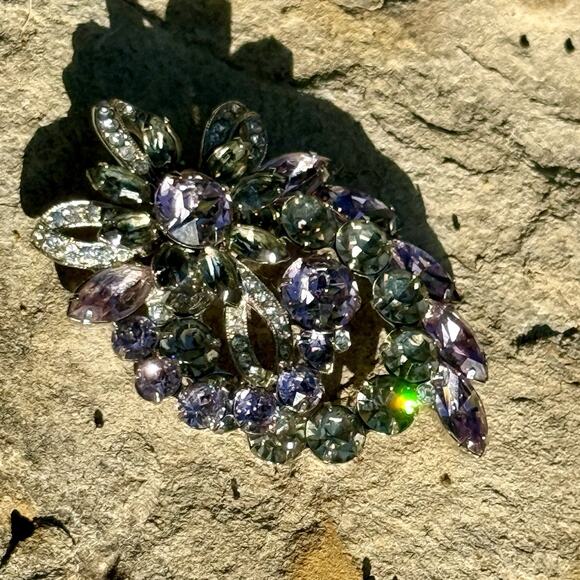 Vtg Eisenberg ICE Signed Swarovski Crystal Floral Spray Silver Tone Brooch 3” - Picture 13 of 17